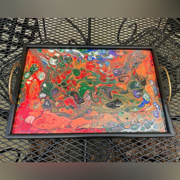 Gorgeous Handmade Original Colorfully Painted Wooden Brass Handle Serving Tray! - Picture 2 of 15